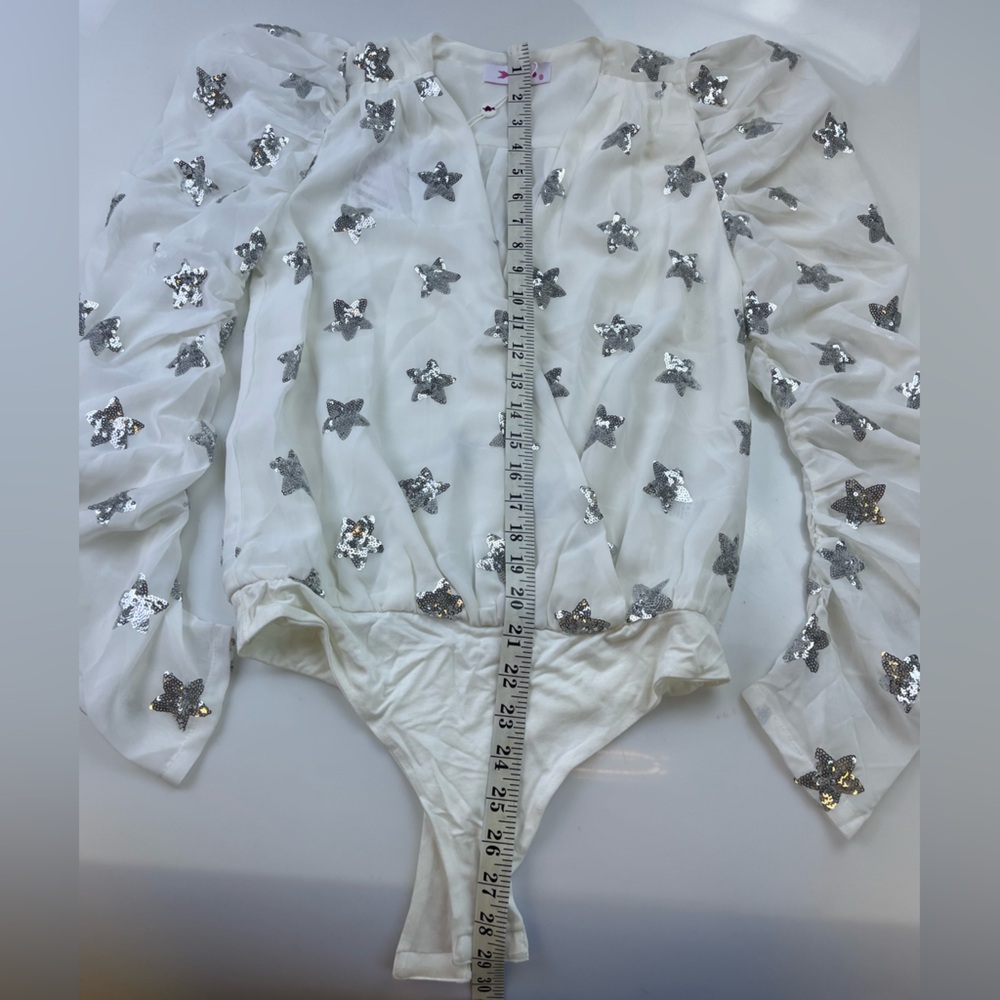 BuddyLove White Silver Stars Sequined Joan Surplice Neckline Bodysuit N263 - Picture 8 of 11